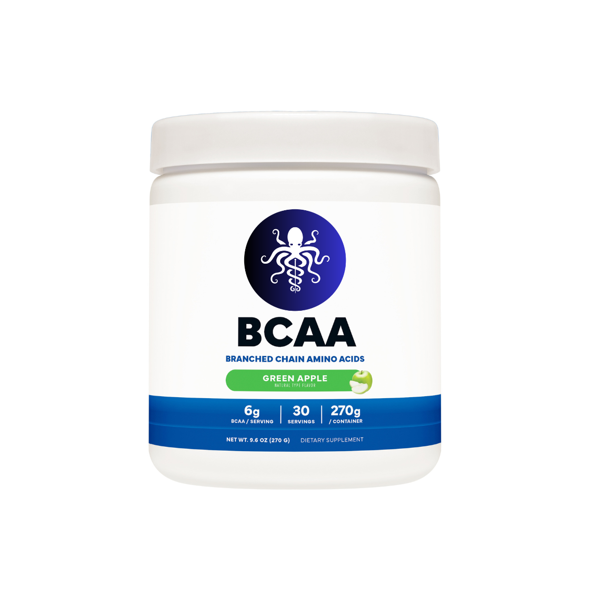 White Bottle with blue band, stating BCAA- Branched Chain Amino Acids, Green Apple Flavor, 6g BCAA/serving, 30 servings, 270g / container, net wt 9.6 oz, Dietary Supplement