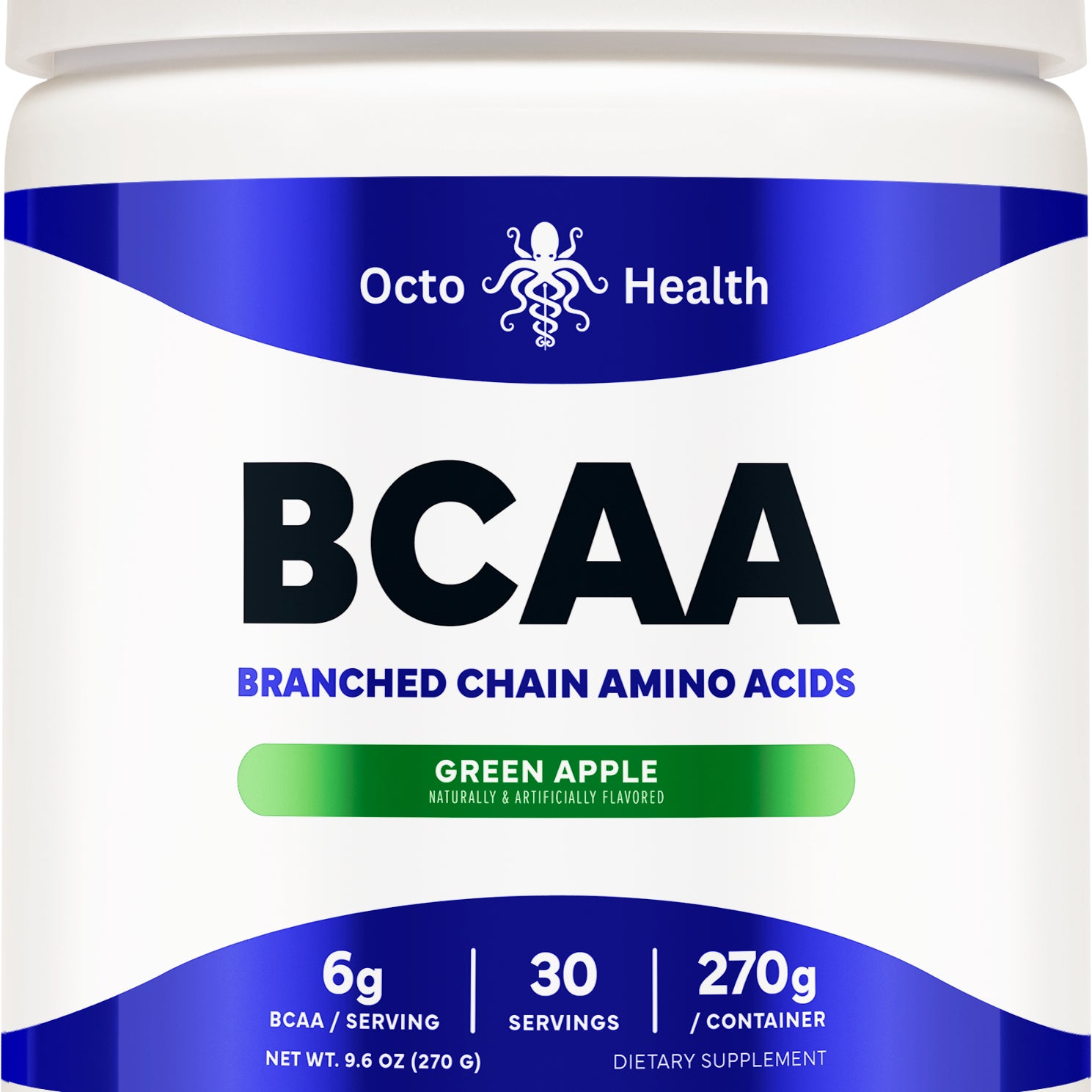 White Bottle with blue bands, stating BCAA- Branched Chain Amino Acids, Green Apple Flavor, 6g BCAA/serving, 30 servings, 270g / container, net wt 9.6 oz, Dietary Supplement