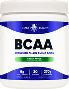 White Bottle with blue bands, stating BCAA- Branched Chain Amino Acids, Green Apple Flavor, 6g BCAA/serving, 30 servings, 270g / container, net wt 9.6 oz, Dietary Supplement